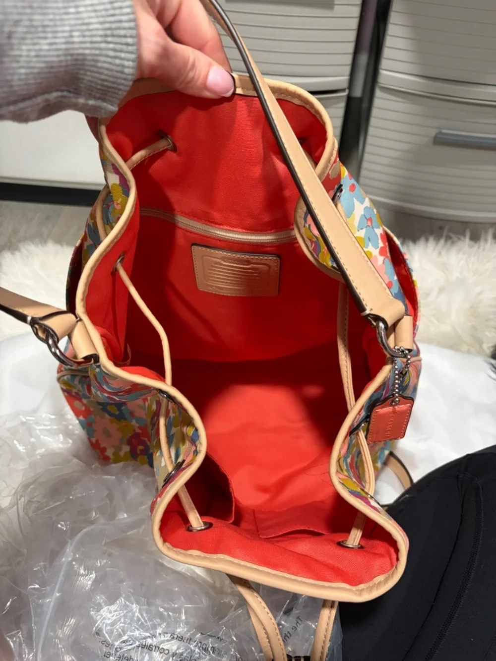 Coach Floral Drawstring Bucket Bag - Pink, Red, Blue, Yellow, Cream - Picture 7 of 15